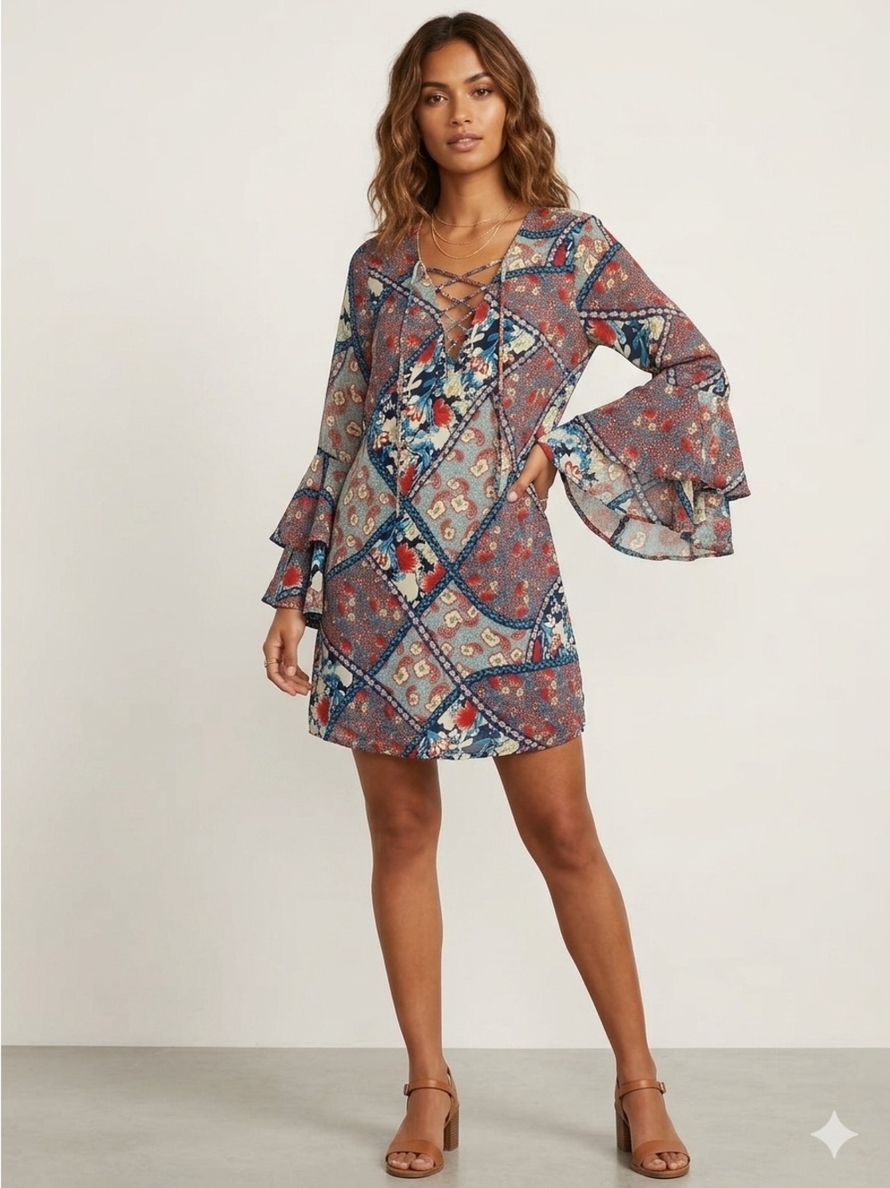 entro Lace-Up Patchwork Mini Dress - Blue & Red Multi